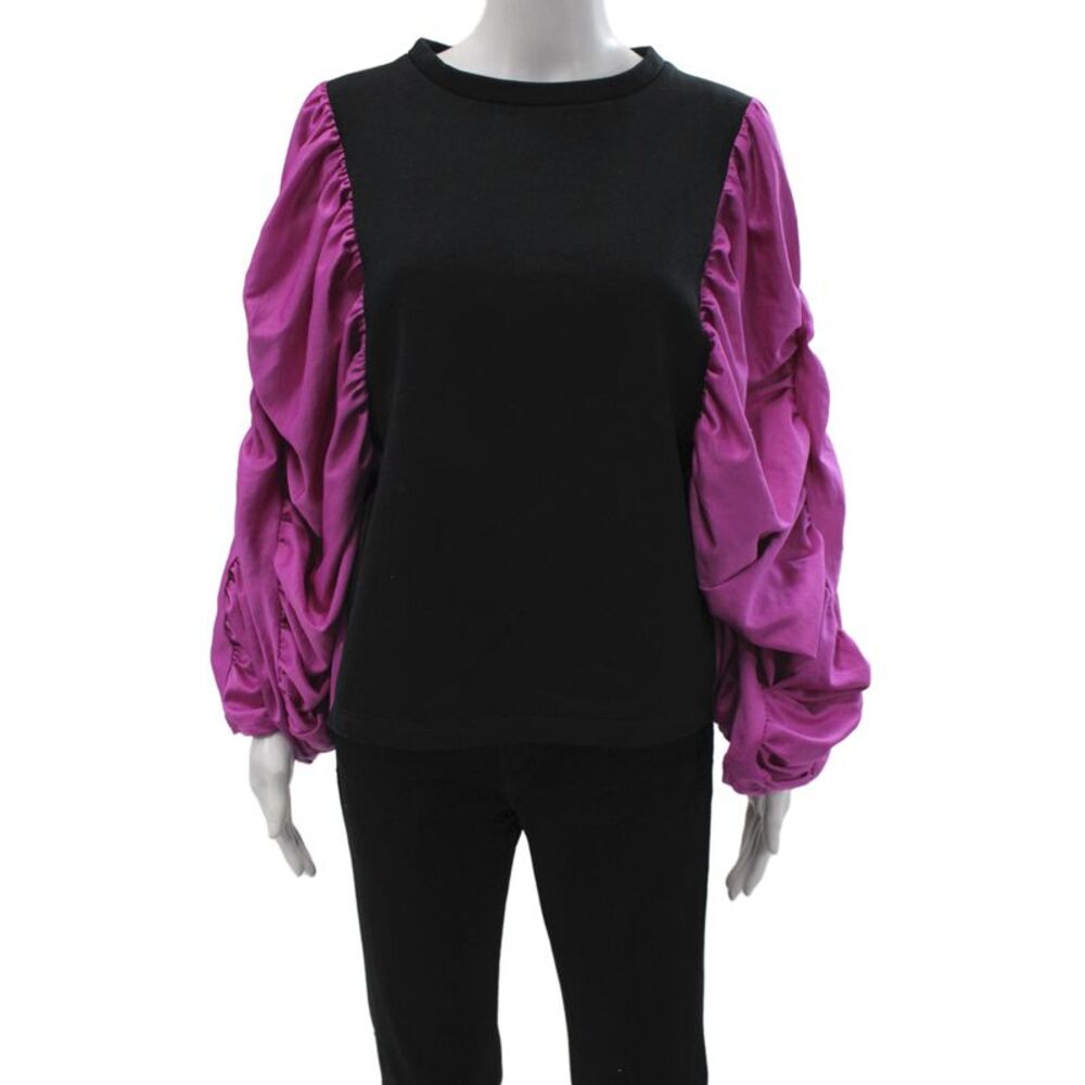 Zara Womens Basic Black Colorblock Blouse Long Sleeve Crew Neck Size S